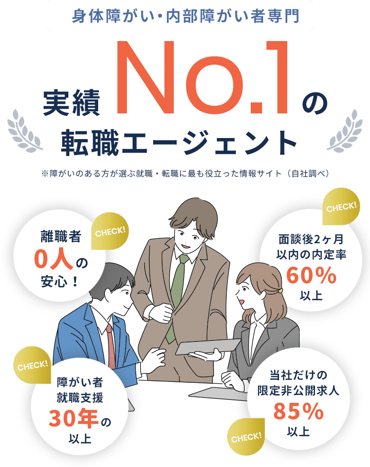 障がい者専門 実績No.1の転職エージェント※障がいのある方が選ぶ就職・転職に最も役立った情報サイト（自社調べ）